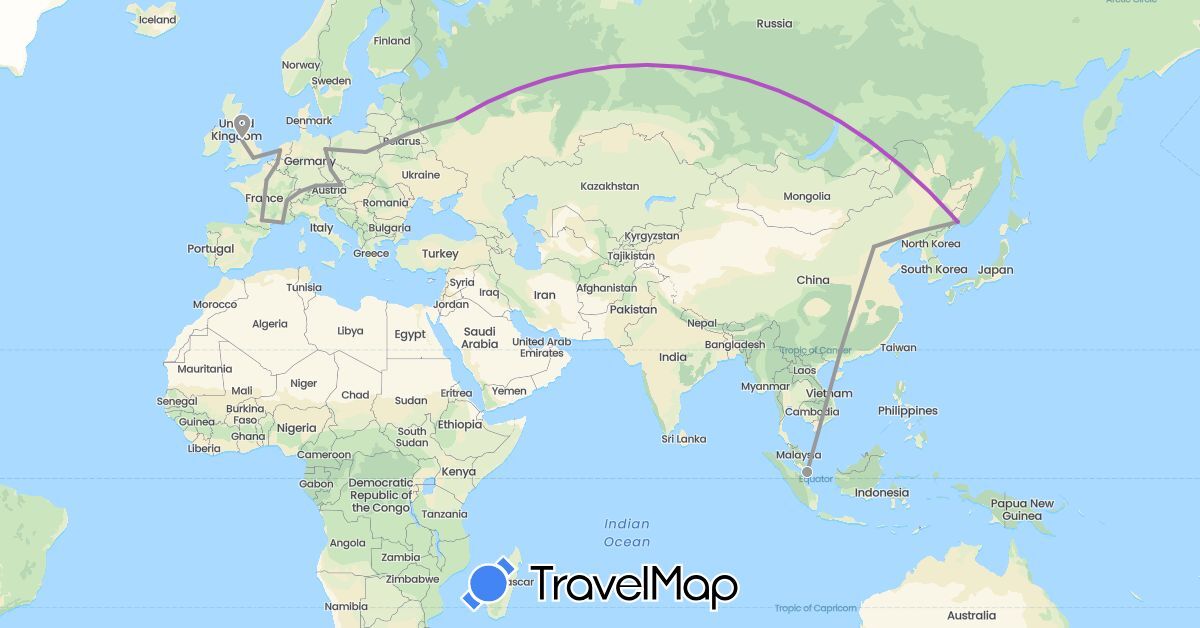 TravelMap itinerary: driving, plane, train in Austria, Belgium, Switzerland, China, Czech Republic, Germany, France, United Kingdom, Netherlands, Poland, Russia, Singapore (Asia, Europe)